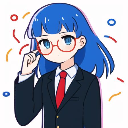 00493-1540573640-A girl with blue hair and black glasses in a suit and a red tie, sticker, rough lines, vector, simple, flat illustration, mascot.png